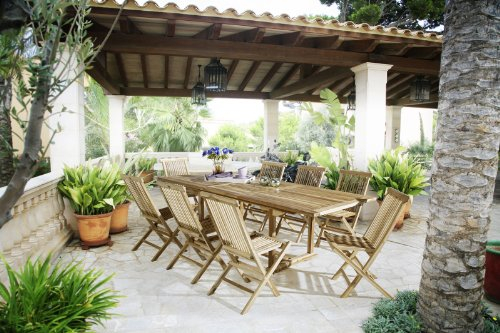 SAM 9tlg. Gartengruppe Kuba, Gartenmöbel aus Teak-Holz, 8 x Hochlehner Menorca, Auszieh-Tisch