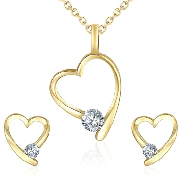 Rafaela Donata Damen Schmuck-Set (Kette und Ohrstecker) Herz Messing gelbvergoldet mit Kristallen weiß - Herzschmuck Herzstecker Herzanhänger