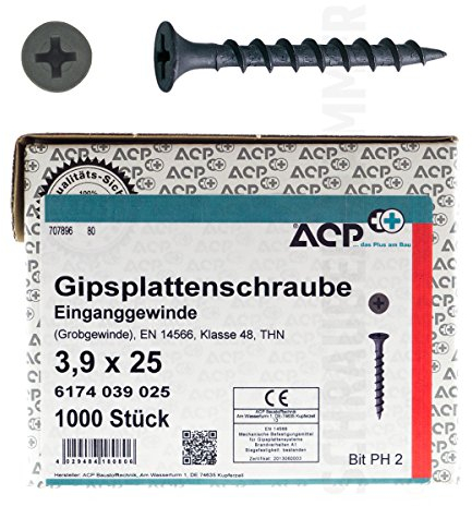 ACP Schnellbauschrauben Grobgewinde 3,9 x 25 mm - 250 Stück, PH 2, Gipsplattenschraube Einganggewinde, phosphatiert