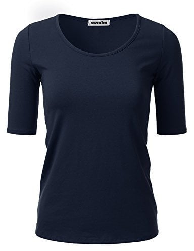 SSOULM Women's 1/2 Sleeve Scoopneck Cotton Basic Slim Fit T-Shirt Top with Plus Size - blue - Small