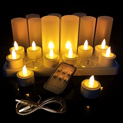 QSPORTPEAK Wiederaufladbare LED Kerzen, 12Stk Flammenlose LED Batteriebetriebene Flackernde Teelichter mit Ladestation, Fernbedienun Mattierte Tassen für Party Hochzeit Halloween Weihnachten Deko