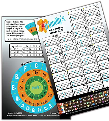 Ukulelen-Akkord-Diagramm, 15,2 x 22,9 cm, Griffbrett, Kreis der Fünftel, Fortschritte, laminiert, geringe Blendung, einfache Referenz-Akkordtabelle