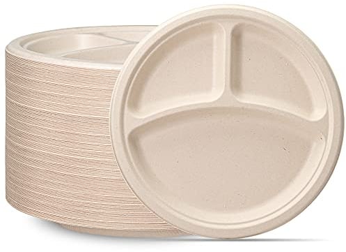 Comfy Package [10 Pulgadas - 125 Unidades Platos Resistentes 100% Compostables, 3 Compartimentos Ecológicos, Platos Desechables de Bagazo de Caña de Azúcar - Kraft Marrón Sin Blanquear