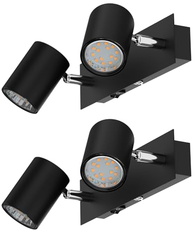 ledscom.de 2 Stück Wandspot WAIKA, zweiflammig, mit Schalter, schwarz matt, inkl. GU10 LED Lampen je 227lm warmweiß