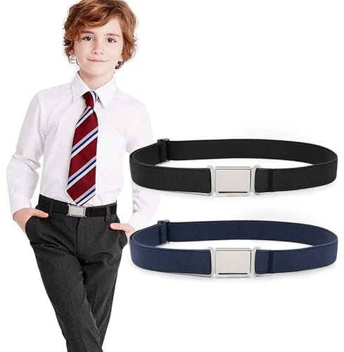 WERFORU 2 Stück Kinder Verstellbarer Magnetgürtel Jungen Mädchen Elastischer Gürtel mit Einfacher Magnetschnalle Schwarz/Blau