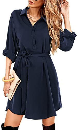 Beluring Ladies Casual Long Sleeve Dress Midi Shirt Dresses with Pocket Dark Blue Size 12 14