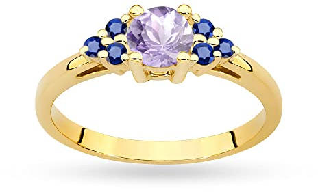 Damen-Goldring mit Amethyst 0,50Ct und Saphiren 0,30Ct, 14 Karat Gold (585) | Goldring inklusive Box | Goldring für Frauen (Amethyst mit Saphiren, 56 (17.8))