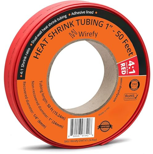 Wirefy Gaine Thermorétractable Etanche Large Diamètre 25,4 mm - 4:1 Tube Thermoretractable à Double Paroi - Revêtement Adhésif - Gaine Thermo - Rouge - Rouleau de 15 m