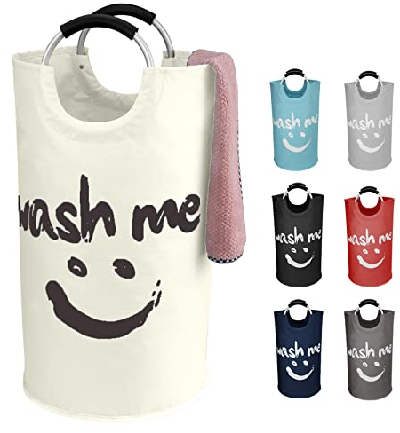 IHOMAGIC 91L Faltbar Wäschesammler Wäschetonne Stoff Wäschesack mit Griffe Dekorativer Wäschekorb mit Smiley Face für das Schlafzimmer - Wäschesortierer Aufbewahrungskorb Badezimmer Waschküche (Beige)