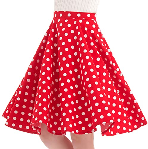 Damen Polka Dot Vintage Swing Rock 1950er Jahre Midirock Cocktail Abendkleid Kirsche Blumendruck Sommerrock A-Linie Empire-Taille R?cke Kniel?Nge Tellerrock Rot M