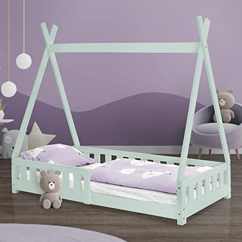 ML-Design Cama Infantil Tipi 80x160 cm con Protección Anticaída y Somier Estructura Listones de Madera de Pino Maciza Verde Menta Lecho de Suelo Forma de Casa Mobiliario Juego Tienda de Campaña Niños