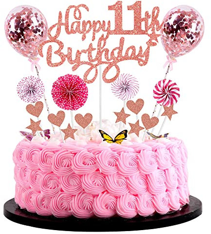 Happy 11. Geburtstag Tortendeko - Rosa Kuchendeko mit Herz, Stern, Ballon und Glitter für Mädchen