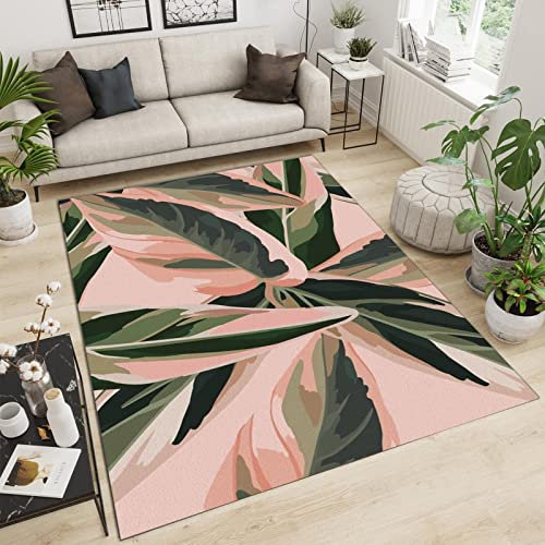 SANSJI Tappeto Camera da Letto a Foglia Di Banana Nordica Di Lusso, Tappeti Design di Pianta Tropicale Verde Rosa, Tappetone Antimacchia - per Decor del Pavimento del Soggiorno 60 x 120 cm