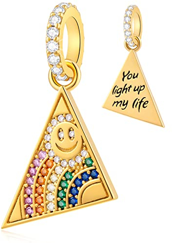 Vergoldete Dreieck Smiley Gesicht Regenbogen CZ Anhänger Charm, passt Pandora Gold Birthday Armband, 925 Sterling Silber Pyramide Form Lächeln Dangle Perlen