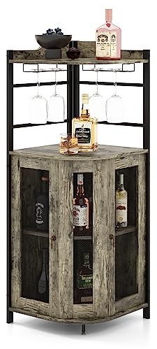 TANGZON Corner Bar Cabinet, 2 Mesh Doors Wine Cabinet with Glass Holders, Adjustable Shelf & Anti-Tipping Devices, Industrial Liquor Drinks Storage Sideboard for Home Bar Kitchen Cellar (Oak Grey)