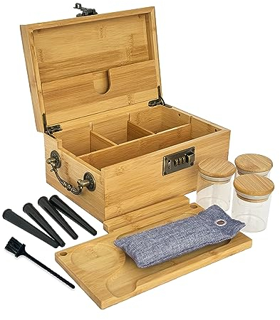 JIABOLANG Bambusbox mit Zahlenschloss und Zubehör, 3 geruchsdichte Gläser, 4 Röhren, Rolltablett, Bürste, geruchsdichter Beutel – Kräuterzubehör-Organizer-Set mit Griff, verschließbare
