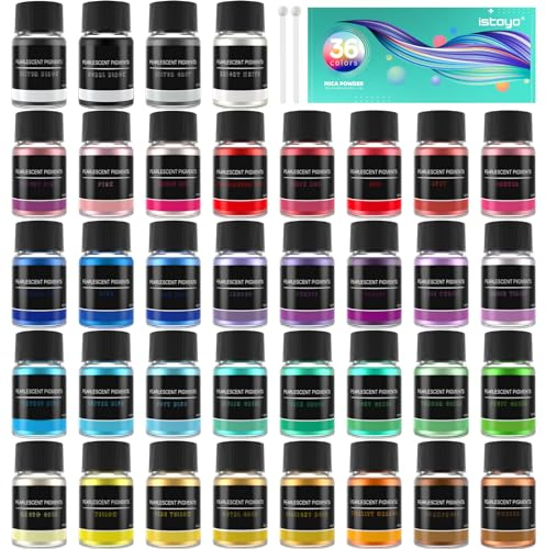 ISTOYO Epoxidharz Farbe Mica Pulver, 36 Farbe*10g Glimmerpulver in Kosmetischer Qualität, Pigmentpulver, Harzzubehör für Lipgloss, Harzformen, Zubehör für die Seifenherstellung, Nagellack, Harzkit