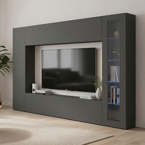 Dmora - Wohnzimmermöbel Donatello, TV-Wohnzimmer-Set, Mehrzweck-Wohnzimmermöbel mit Vitrine und LED-Licht, 100% Made in Italy, cm 260x30h180, Anthrazit