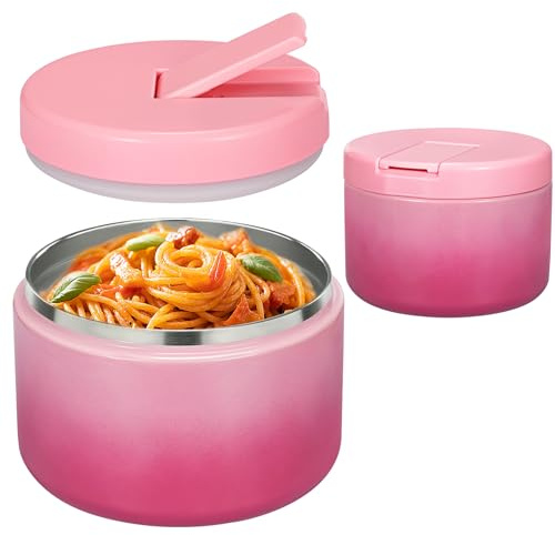 Pawtong 12oz Insulated Vacuum Food Jar with Buckle Lid Wide Mouth Soup Thermo for Hot Food Kids Leakproof Stainless Steel Lunch Container (Gradient Pink, 12OZ)