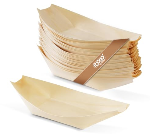 FOOGO Green 50Pcs Disposable Wooden Bamboo Boats, 7(17.8cm), FSC® Certified, for Barbecue, Garden Party, Salad & Snacks, Eco-Friendly, Biodegradable, Wedding Party, Like Palm Leaf and Paper Bowls