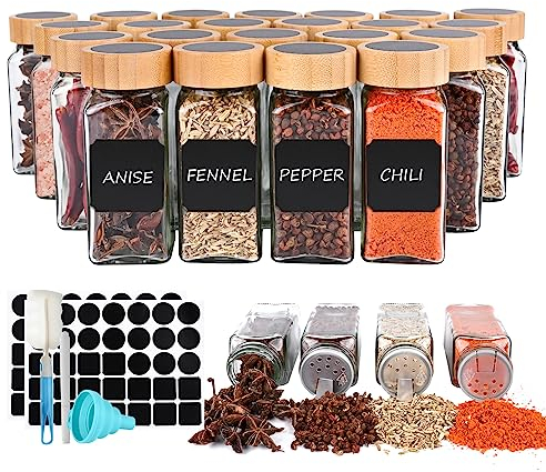 Hooolee Pot a Epices en Verre et Bois, 24 Pots 120ml Bocaux à Épices Set pour Rangement et Organisation de Cuisine Livré Avec Étiquette, Entonnoir, Pinceau et Stylo
