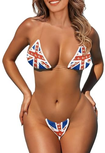 UOIMAG Women's Sexy Bikini Set Cute Corgi Union Jack British Flag Print Swimsuit Clear Straps Thong Bikini Bathing Suit Size M