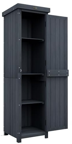 Outsunny Cobertizo para herramientas de 3 estantes con cerradura, Cobertizo de jardín de madera de abeto con techo de metal y tornillos, 45x45x160 cm, Gris