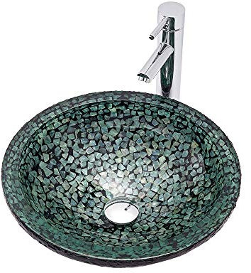 HomeLava Lavabo da Appoggio in Vetro Temperato, 420 x 420 x 145mm, Forma Tonda Lavabo Bagno in Vetro Temperato, Senza Rubinetti (Turchese)