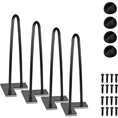 SWANEW Lot de 4 pieds de table en métal noir avec 2 pieds en épingle à cheveux, pour bureau, table et table basse avec protections de sol et vis (30 cm)