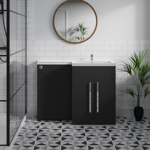 Aquariss 1100mm Right Hand Basin Vanity Cabinet Bathroom Furniture Storage, L Shape Matte Black Painting Vanity Sink Unit + Concealed Cistern Flat Packed