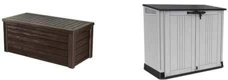 Keter Westwood 570L Outdoor 75% recycled Garden Furniture Storage Box Brown Wood Panel Effect & Store It Out Nova Outdoor Garden Furniture Storage Shed Light Grey with Dark Grey Lid