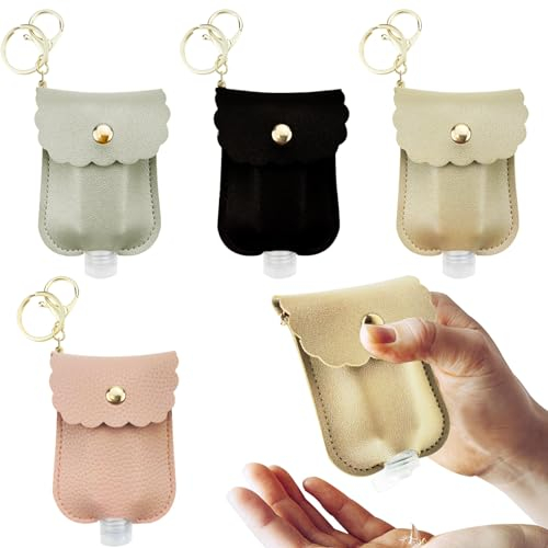 Qusmeiyici 4 PCS Mini Travel Empty Hand Sanitiser Bottles with PU Leather Keychain,Portable Plastic Travel Bottles Leakproof Squeeze Bottles with Flip Cap for Outdoor/School/Work/Travel