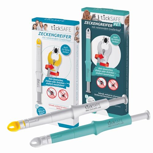 tickSAFE 2er Kombi-Set Zeckengreifer mit rotierendem Greiferkopf Tier & Mensch | Die bessere Alternative zur Zeckenzange - kein Quetschen, Ziehen oder Drücken - einfach schonend rausdrehen