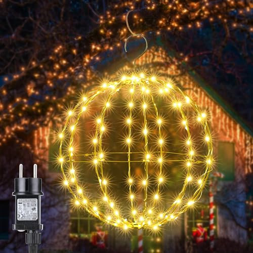 Joomer Weihnachtsbeleuchtung Außen, 30cm Hängende Kugel Lichter Strombetrieben Timer 120 LED Weihnachtsdeko Lichterkette Außen 8 Modi Wasserdichte für Garten Party Innen Wohnzimmer(1 Stück, Warmweiß)