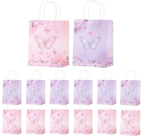 Schmetterling Party Geschenk Taschen,12 pcs Papiertüten Schmetterling Geschenktüten, Tüten Kindergeburtstag, Kraftpapier Tüten mit Griff, Goodie Bags Taschen Fur Kinder Schmetterling Party Supplies