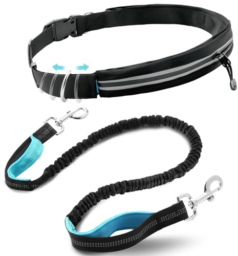 Joggingleine Hunde Mit Gürteltasche Für Mittel Große Hund Mit Bauchgurt | Blau Laufgürtel Hundeleine, Freihandleine Mit Tasche Zum Laufen Wandern Joggen,Leine Hund Mit Doppelgriff Gürteltasche