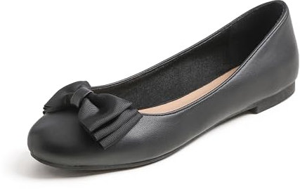 Feversole Women's Round Toe Cute Bow Trim Ballet Flats Dolly Shoes Black Vegan Leather 4 UK