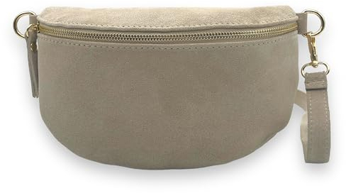 Bauchtasche Wildleder Goldener Reißverschluss Damen Crossbody Bag Velours Gürteltasche Hüfttasche Bodybag Schultertasche (Beige)