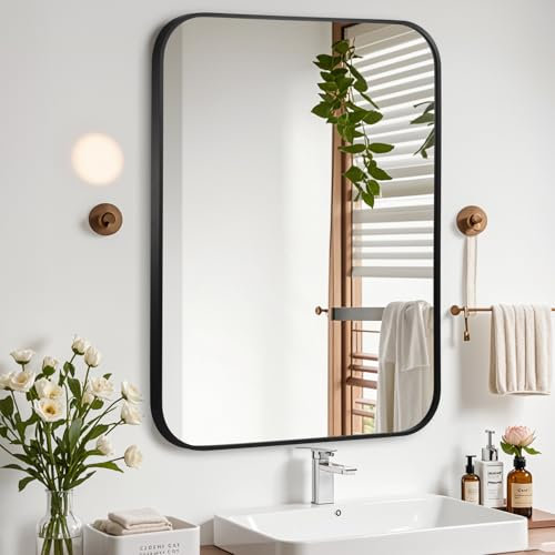 JENBELY Mattschwarzer Spiegel, 76,2 x 91,4 cm, rechteckiger Badezimmerspiegel, Metallrahmen, rechteckiger Eck-Schminkspiegel, Wandspiegel für modernes Wohnzimmer, Schlafzimmer, horizontal oder