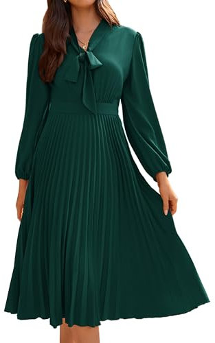 Langarm Teekleid für Frauen A-Linie V-Ausschnitt Plissee Kleid Rücken Gesmokt Dunkelgrün 44