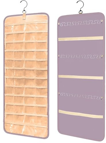 Porta Orecchini e Collane Da Appendere - Organizer Doppia Faccia Con 48 Tasche e Ganci - Espositore Gioielli Per Ragazze e Donne (Viola)