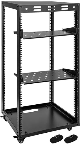 Eastrexon Rack de serveur à cadre ouvert 20U à 4 niveaux, rack informatique avec 2 étagères et roulettes pivotantes, rack AV avec panneaux supérieur et inférieur, étagères d'ordinateur et armoires