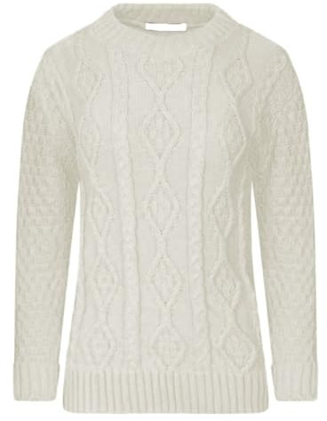 Ladies Women’s New Chunky Diamond Cable Knitted Long Sleeve Sweater Pull Over Jumper Top Cable Knit Warm Sweater Formal Casual Crew Neck Pullover (UK, Numeric, 12, 14, Regular, Regular, Cream)