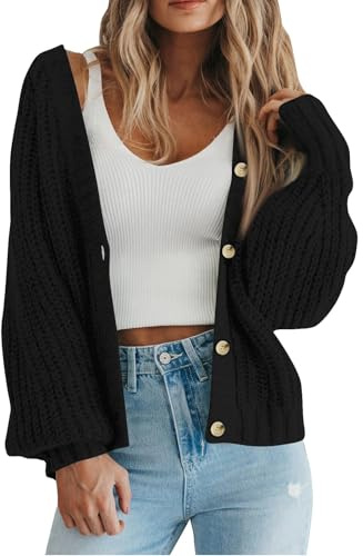 Strickjacke Damen Kurz Grobstrick Pullover Strickjacken Damen Warm Oversize Grobstrickjacke Dicke Open Front Cardigan Frauen Elegant Strickmantel Langarm Casual Übergangsjacke Laternenärmel