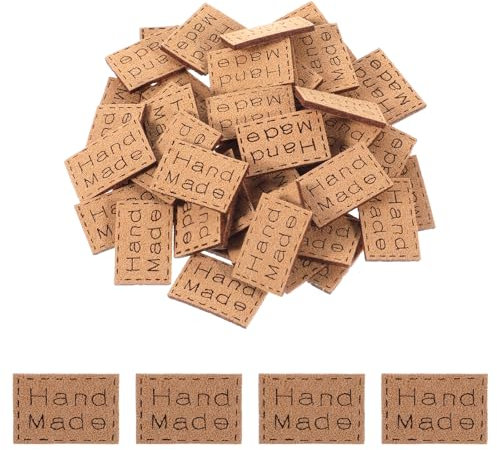 Lnngub 50 Stück Handmade Label, PU Handmade Label zum Annähen 2 x 1,2 cm Kleine Hand Made PU Leder Nähen Etiketten für Jeans, Taschen, Schuhe, Hüte, DIY-Kunsthandwerk (Braun)