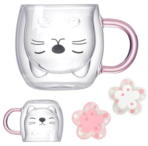 Süße Katzentassen mit PVC Sakura Untersetzer, SüßeTasse mit Henkel Rosa, Doppelwandige KaffeeTeegläser für Couchtisch Restaurants Hotels Büros Zuhause Cafés - Tasse Geschenk