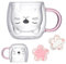 Hnonoxy Tasse Chat avec 2 Sous-verres Sakura, Tasse a Cafe Double Paroi, Mignon Tasse à Lait avec Poignée Rose, Thé Café Tasse en Verre Isolé pour Restaurants, Hôtels, Bureaux - Cadeau Anniversaire