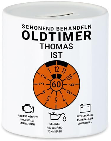 Kiddle-Design Personalisierte Spardose 60. Geburtstag, Schonend behandeln Oldtimer ist 60, 60ter Geburtstag Lustiges Geldgeschenk Frau Mann, Sparschwein Geburtstag
