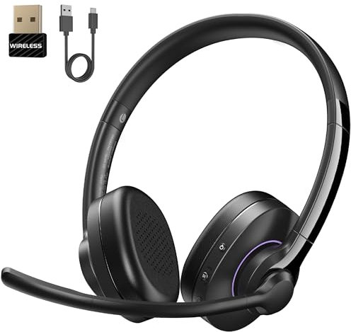 Masajoy Wireless Headset with Mic for Work, Headset Wireless Bluetooth V5.3 with AI Noise Cancelling Microphone with USB Dongle & Mic Mute