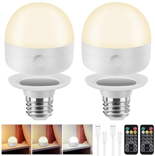 PlayDen USB Aufladbare Glühbirne mit Fernbedienung, LED E27 Akku Glühbirne mit Batterie, 3 Farb Dimmbare, Magnetische und Timing, Kabellose Lampe Ohne Strom Notlicht für Notbeleuchtung, 7W, 2 Pack